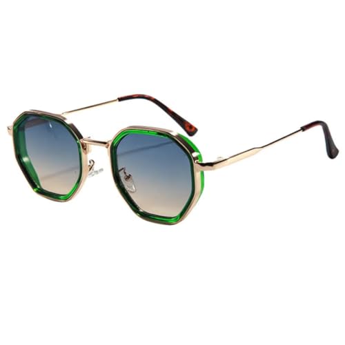 FORLUZ Vintage Metall Oval Sonnenbrille Damen Trendy Punk Luxus Beliebte Gradient Herren Steampunk Shades Uv400 (Grün-Grün-Gelb) von FORLUZ