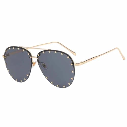 Metallnieten-Sonnenbrille für Damen, Luxusbrille, coole Brillen, UV400 (Goldgrau) von FORLUZ