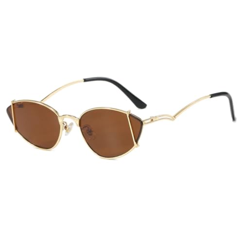 Modische, trendige Katzenaugen-Sonnenbrille mit Metallrahmen, Punk-Sonnenbrille für Damen, Luxus-Sonnenbrille zum Autofahren, Reisen, UV400 (Goldbraun) von FORLUZ