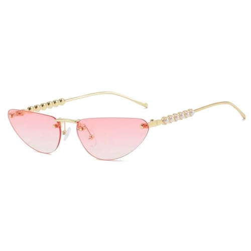 Modische Cat Eye Randlose Sonnenbrille aus Perlenmetall für Damen und Herren, hochwertige Sonnenbrille zum Autofahren, Reisen, UV400 (Gold Pink) von FORLUZ