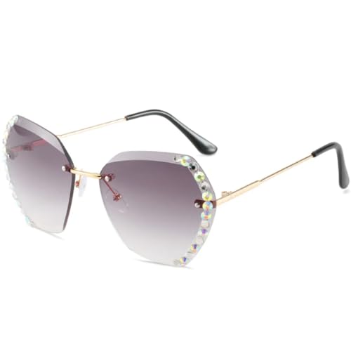 Modische übergroße randlose Damen-Sonnenbrille, beliebte Luxus-Herrenbrille, Diamant (Farbverlauf Grau) von FORLUZ