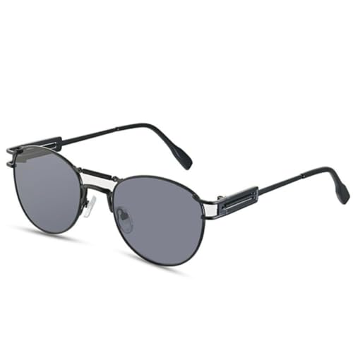 Runde Steampunk-Sonnenbrille für Herren, luxuriöse Qualität, Punk-Sonnenbrille für Damen, ovale Brillen (schwarz/grau) von FORLUZ