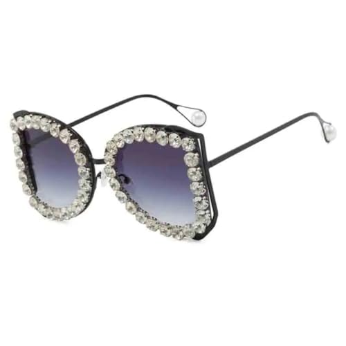 Stilvolle, mit Diamanten besetzte Sonnenbrille mit großem Rahmen im High-End-Luxus-Stil, trendige Damen-Sonnenbrille mit großem Rahmen, UV400 (Schwarz, Farbverlauf, Grau) von FORLUZ