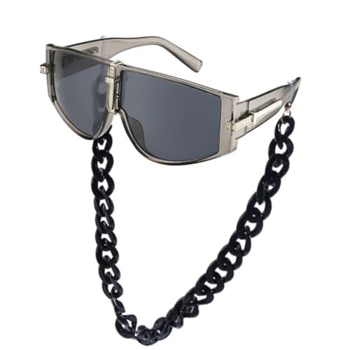 Übergroße Sonnenbrille für Damen mit Kette, Luxus-Vintage-Brille, UV400 (Grau mit Kette) von FORLUZ