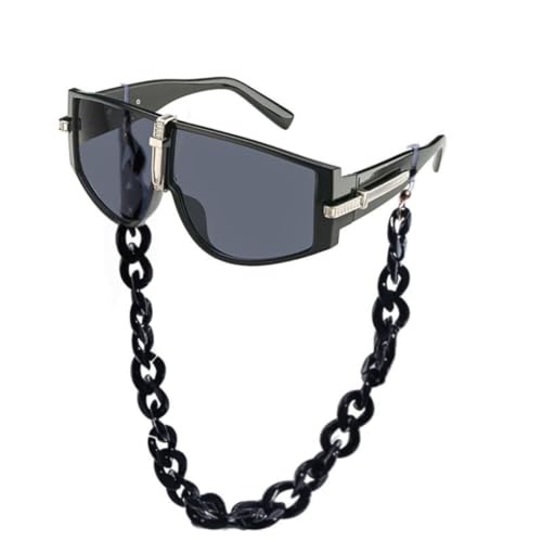 Übergroße Sonnenbrille für Damen mit Kette, Luxus-Vintage-Brille, UV400 (Schwarz-Grau mit Kette) von FORLUZ