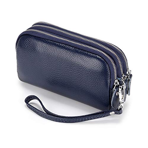 FORRICA Damen Geldbörse Echtleder Frauen Große Kapazität Clutch Portemonnaie Reißverschluss Gross Geldbörse Leichte Mobiltelefon Schlüssel Geldbörse mit Armband Blau von FORRICA