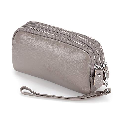 FORRICA Damen Geldbörse Echtleder Frauen Große Kapazität Clutch Portemonnaie Reißverschluss Gross Geldbörse Leichte Mobiltelefon Schlüssel Geldbörse mit Armband Grau von FORRICA