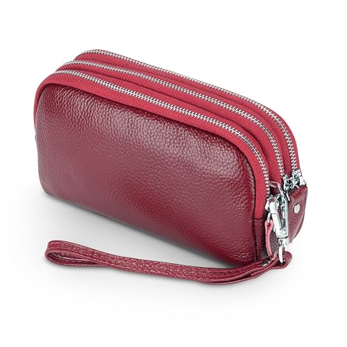 FORRICA Damen Geldbörse Echtleder Frauen Große Kapazität Clutch Portemonnaie Reißverschluss Gross Geldbörse Leichte Mobiltelefon Schlüssel Geldbörse mit Armband Rot von FORRICA