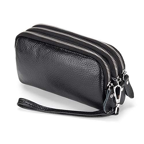 FORRICA Damen Geldbörse Echtleder Frauen Große Kapazität Clutch Portemonnaie Reißverschluss Gross Geldbörse Leichte Mobiltelefon Schlüssel Geldbörse mit Armband Schwarz von FORRICA