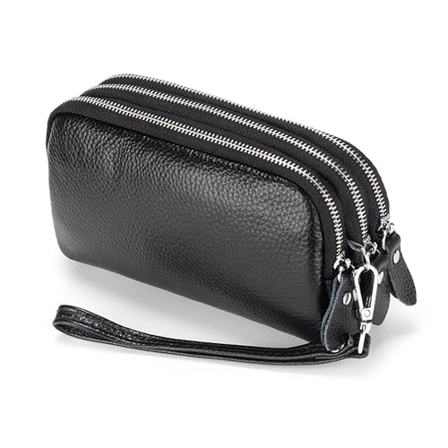 FORRICA Damen Geldbörse Echtleder Frauen Große Kapazität Clutch Portemonnaie Reißverschluss Gross Geldbörse Leichte Mobiltelefon Schlüssel Geldbörse mit Armband Schwarz von FORRICA