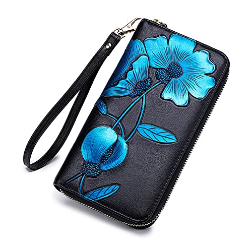 FORRICA Damen Geldbörse Leder Lange Brieftaschen Gross Rindleder Damengeldbörse Portemonnaie Frauen RFID Schutz Damen Reißverschluss Portmonee Blau von FORRICA