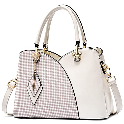 FORRICA Damen Handtasche Mode Kariertes Umhängetasche Frauen Tasche PU Leder Schultertasche mit Rhombus-Anhänger Weiß von FORRICA