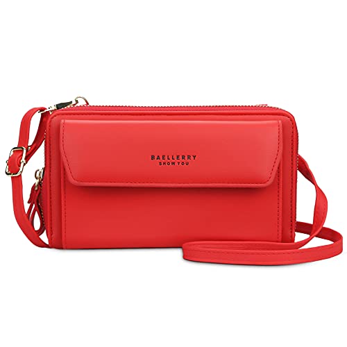 FORRICA Damen Handy Umhängetasche Frauen Handytasche Kleine Schultertasche Reißverschluss Crossbody Tasche PU Leder Geldbörse Große Kapazität Brieftasche mit Kartenfächer Rot von FORRICA