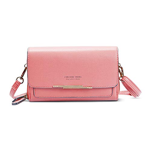 FORRICA Damen Handy Umhängetasche Handytasche Geldbörse PU Leder Schultertasche Klein mit Kartenfächer Verstellbar Abnehmbar Schultergurt Rosa von FORRICA