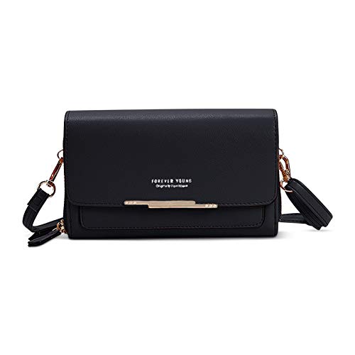 FORRICA Damen Handy Umhängetasche Handytasche Geldbörse PU Leder Schultertasche Klein mit Kartenfächer Verstellbar Abnehmbar Schultergurt Schwarz von FORRICA