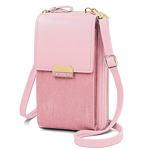 FORRICA Damen Handy Umhängetasche Schön Handytasche Frauen Kleine Crossbody Tasche PU Leder Geldbörse Reißverschluss Portemonnaie Große Kapazität Brieftasche mit Kartenfächer Rosa von FORRICA