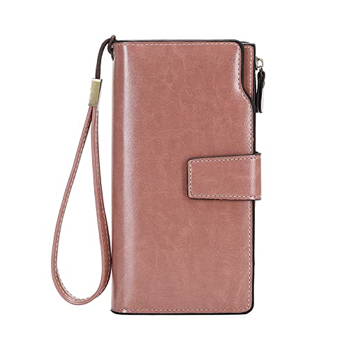 FORRICA Geldbörse Damen Gross Viele Fächer Clutch Portemonnaie RFID Schutz Vintage PU Leder Brieftasche mit Armband Rosa von FORRICA