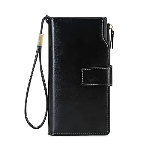 FORRICA Geldbörse Damen Gross Viele Fächer Clutch Portemonnaie RFID Schutz Vintage PU Leder Brieftasche mit Armband Schwarz von FORRICA