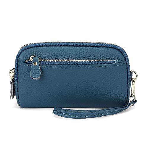 FORRICA Geldbörse Damen Große Echtleder Frauen Clutch Portemonnaie 3 Reißverschluss Leichte Elegante Brieftasche für Handy mit Armband Blau von FORRICA