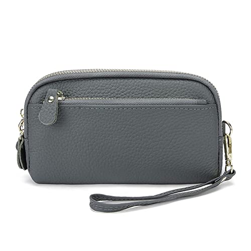 FORRICA Geldbörse Damen Große Echtleder Frauen Clutch Portemonnaie 3 Reißverschluss Leichte Elegante Brieftasche für Handy mit Armband Grau von FORRICA