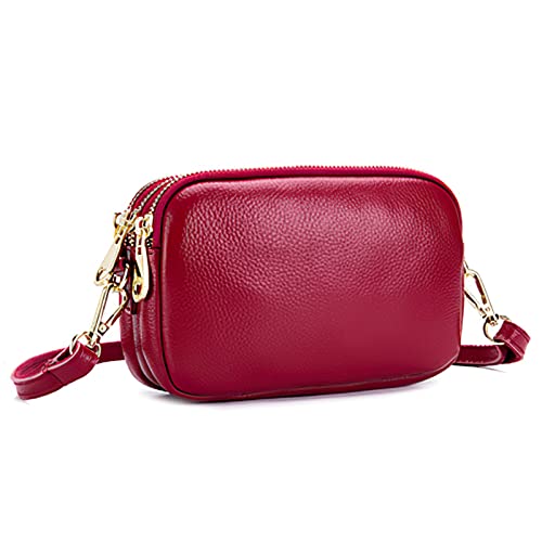 FORRICA Geldbörse Damen Handy Umhängetasche Echte Leder Frauen Handytasche Kleine Schultertasche Rindsleder Clutch Portemonnaie mit 3 Fächern Rot von FORRICA