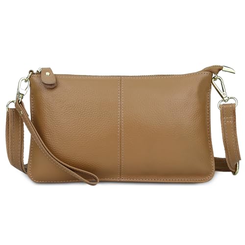 FORRICA Geldbörse Damen Handy Umhängetasche Echte Leder Handytasche Frauen Kleine Schultertasche Rindsleder Clutch Portemonnaie Braun von FORRICA