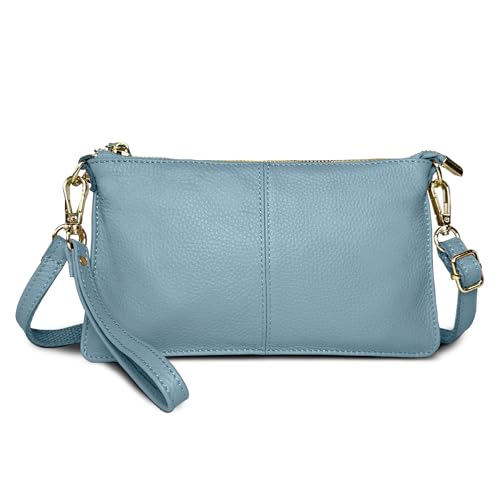 FORRICA Geldbörse Damen Handy Umhängetasche Echte Leder Handytasche Frauen Kleine Schultertasche Rindsleder Clutch Portemonnaie Leinenblau von FORRICA