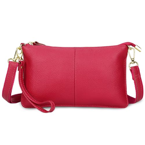 FORRICA Geldbörse Damen Handy Umhängetasche Echte Leder Handytasche Frauen Kleine Schultertasche Rindsleder Clutch Portemonnaie Rot A von FORRICA