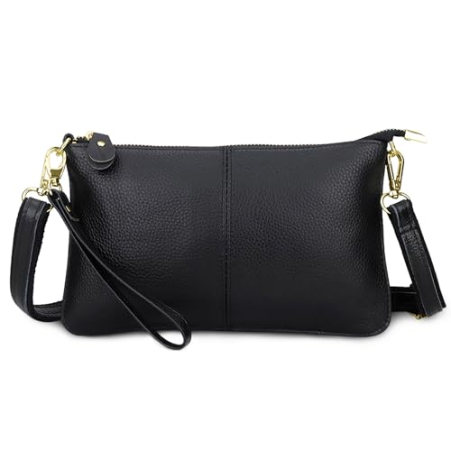 FORRICA Geldbörse Damen Handy Umhängetasche Echte Leder Handytasche Frauen Kleine Schultertasche Rindsleder Clutch Portemonnaie Schwarz von FORRICA