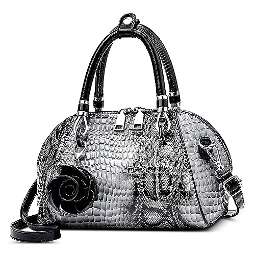 FORRICA Handtasche Damen Krokodilmuster Umhängetasche PU Leder Frauen Schultertaschen mit Blume Anhänger Elegant Henkeltaschen für Verabredungen Bankett Shopper Grau von FORRICA