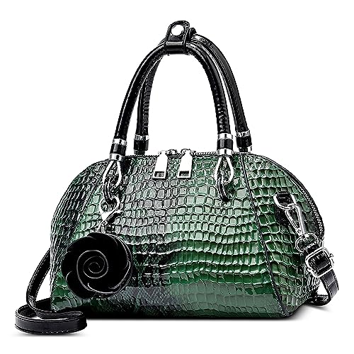 FORRICA Handtasche Damen Krokodilmuster Umhängetasche PU Leder Frauen Schultertaschen mit Blume Anhänger Elegant Henkeltaschen für Verabredungen Bankett Shopper Grün von FORRICA