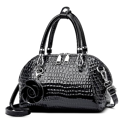 FORRICA Handtasche Damen Krokodilmuster Umhängetasche PU Leder Frauen Schultertaschen mit Blume Anhänger Elegant Henkeltaschen für Verabredungen Bankett Shopper Schwarz von FORRICA