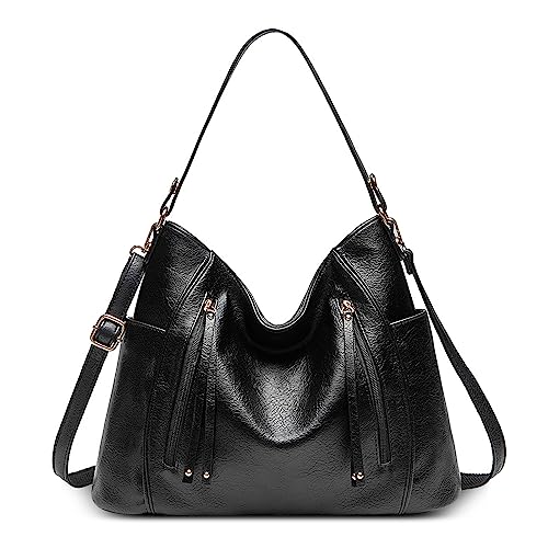 FORRICA Handtasche Damen Umhängetaschen Große PU Leder Vintage Tote Shopper Multi-Tasche Modische Crossbody Schultertasche für Frauen mit Abnehmbarer Gurt für Arbeit Büro Satchel Schwarz von FORRICA