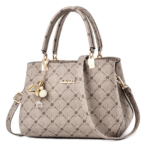 FORRICA Handtaschen Damen Exquisiter Anhänger Umhängetasche Elegant Ahornblatt Henkeltasche Frauen Shopper Tasche PU Leder Schultertasche Grau Griff von FORRICA