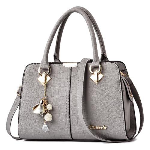 FORRICA Handtaschen Damen Elegant Henkeltasche mit Schön Anhänger Mode Frauen Schultertasche PU Leder Umhängetasche für Einkaufen Pendeln Grau A von FORRICA
