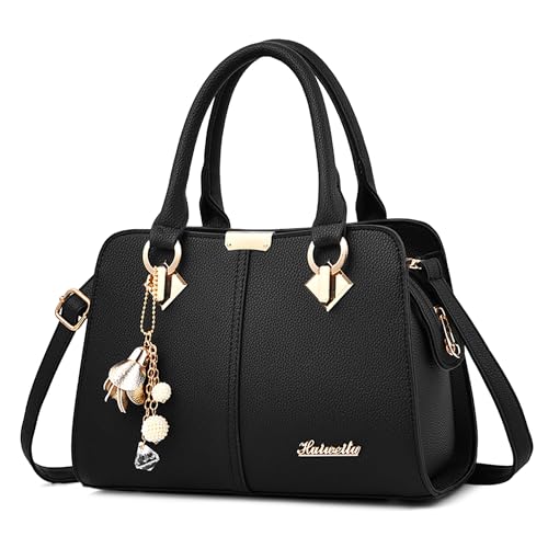FORRICA Handtaschen Damen Elegant Henkeltasche mit Schön Anhänger Mode Frauen Schultertasche PU Leder Umhängetasche für Einkaufen Pendeln Schwarz von FORRICA