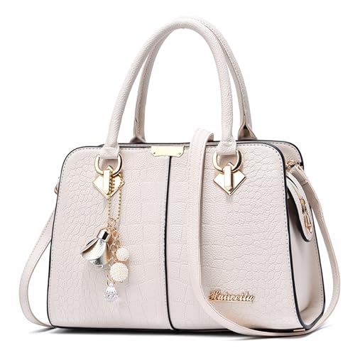 FORRICA Handtaschen Damen Elegant Henkeltasche mit Schön Anhänger Mode Frauen Schultertasche PU Leder Umhängetasche für Einkaufen Pendeln Weiß A von FORRICA