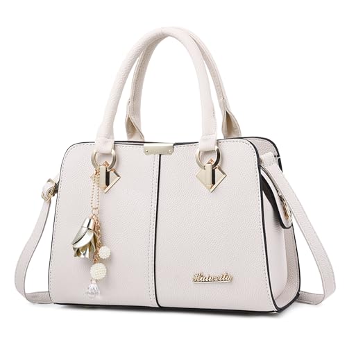 FORRICA Handtaschen Damen Elegant Henkeltasche mit Schön Anhänger Mode Frauen Schultertasche PU Leder Umhängetasche für Einkaufen Pendeln Weiß von FORRICA