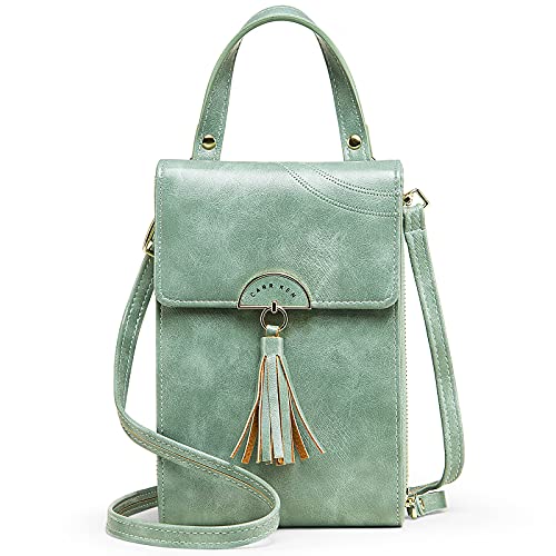 FORRICA Handy Umhängetasche Damen Tragbar Handytasche Frauen Crossbody Tasche Kleine Handtasche Mädchen Geldbörse PU Leder mit Quasten und Kartenfächer Grün von FORRICA