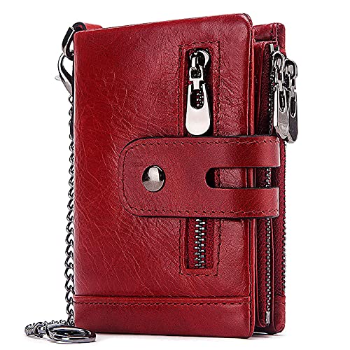 FORRICA Herren Geldbörse RFID Schutz Männer Portemonnaie Echte Leder Brieftasche Doppelte Falte Geldbeutel mit Kette 14 Kartenfächern Portmonee mit Münzfach Rot B von FORRICA