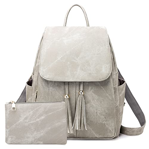 FORRICA Rucksack Damen Elegant Quasten Schultasche Mädchen Casual Schulrucksack Wasserdicht PU Leder Schultertasche mit Clutch Tasche Grau, L-CQ04, L von FORRICA