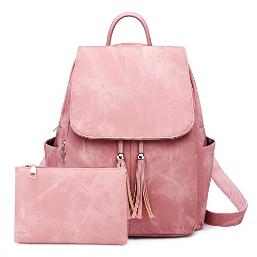 FORRICA Rucksack Damen Elegant Quasten Schultasche Mädchen Casual Schulrucksack Wasserdicht PU Leder Schultertasche mit Clutch Tasche Rosa von FORRICA