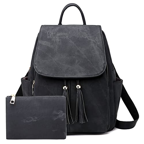 FORRICA Rucksack Damen Elegant Quasten Schultasche Mädchen Casual Schulrucksack mit Clutch Tasche 2-teiliges Set Wasserdicht PU Leder Schwarz von FORRICA