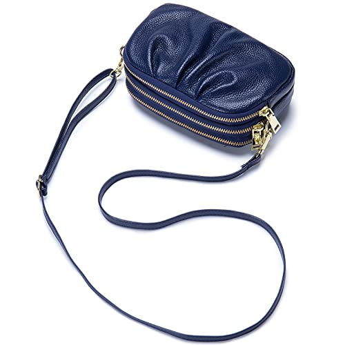 FORRICA Umhängetasche Damen Handy Geldbörse Echte Leder Frauen Schultertasche Kleine Handytasche Rindsleder Clutch Portemonnaie mit 3 Reißverschluss Fächern Blau von FORRICA