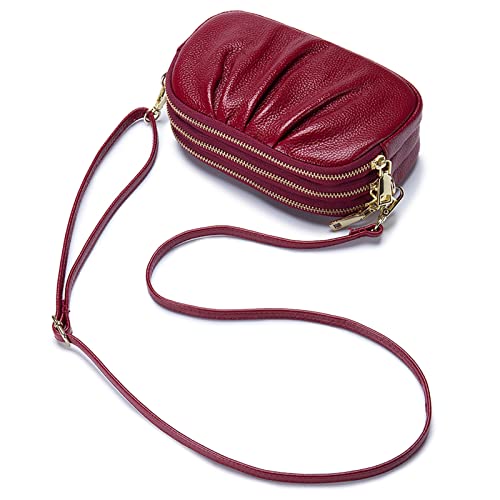 FORRICA Umhängetasche Damen Handy Geldbörse Echte Leder Frauen Schultertasche Kleine Handytasche Rindsleder Clutch Portemonnaie mit 3 Reißverschluss Fächern Rot von FORRICA