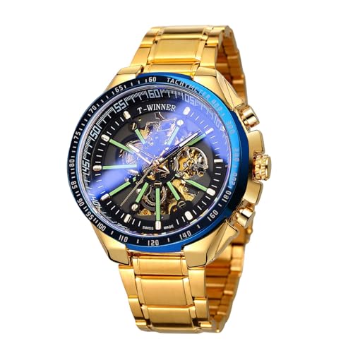 Automatische Uhren für Herren, luxuriös, Skelett, mechanische Uhren, leuchtend, großes Zifferblatt, Edelstahl-Armbanduhr, Goldblau, Goldfarben/Blau von FORSINING