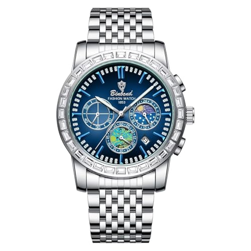 FORSINING Analoge Quarz Herrenuhr Edelstahl Band Moon Phase Mode Herren Armbanduhr Diamant Zifferblatt Business Uhren Wasserdicht, Blau von FORSINING