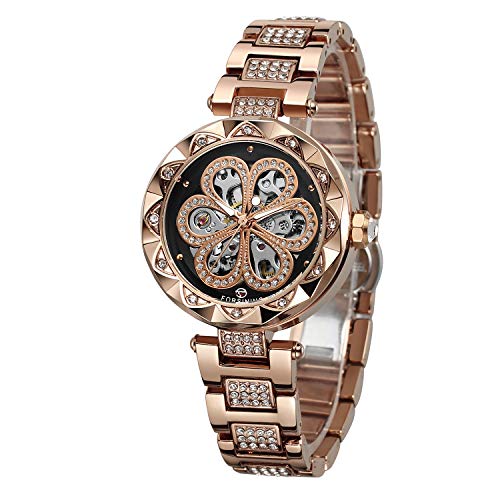 FORSINING Damen Stilvolle Analog Zifferblatt Automatische Skelett Uhr mit Edelstahl Armband, Rosa und Schwarz, Armband von FORSINING