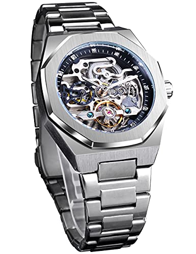 FORSINING Automatische Armbanduhr Mechanische Armbanduhr für Herren Achteckig Wasserdicht Skelett Uhren Luxus Diamant Tourbillon Silber Edelstahl Band, silber, Mechanische, automatische Armbanduhr von FORSINING