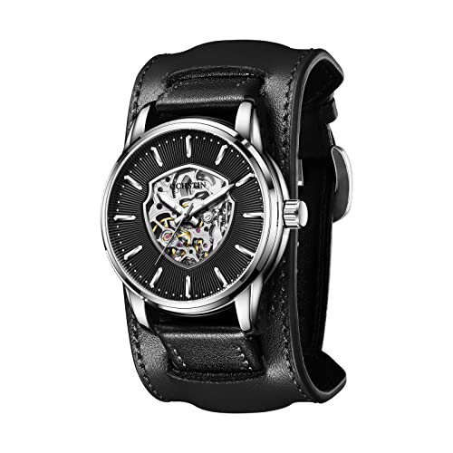 FORSINING Automatische mechanische Herren-Armbanduhr, silberfarben, goldfarbenes Schild, Herren-Skelett-Armbanduhr mit Lederband, luxuriöses großes Zifferblatt, wasserdicht, Schwarz von FORSINING